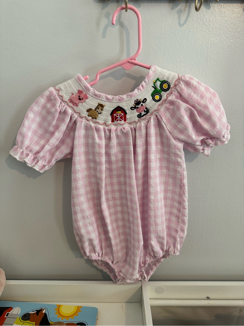 Pink Gingham Smocked Farm Animal One-Piece